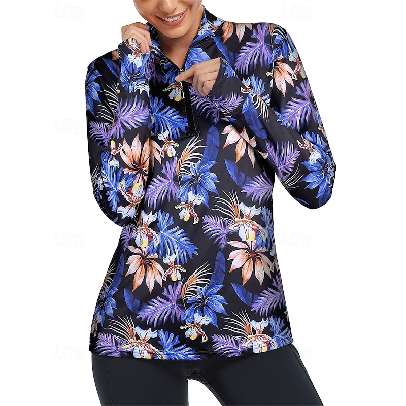Women's Floral Botanical Golf Polo Shirt Tennis Shirt Long Sleeve Print Quarter Zip Pullover UV Protection Elastic Breathable Tennis Golf Pickleball Zip Collar Shirt Polo Blue Green Tennis Clothing