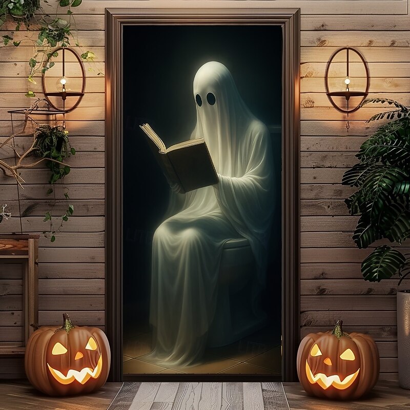 Halloween Door Cover – Spooky Ghost in Chair, Haunted House Entrance Banner, Scary Outdoor & Indoor Decoration for 2025 Halloween Bedroom, Living Room, Bathroom2
