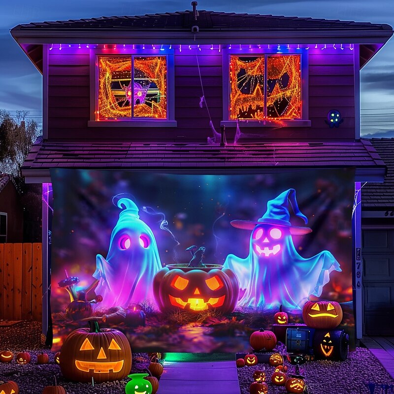 Halloween Blacklight Tapestry UV Reactive Glow in the Dark Forest Trippy Mountain Misty Graveyard Ghost Hanging Tapestry Wall Art Mural for Living Room Bedroom3