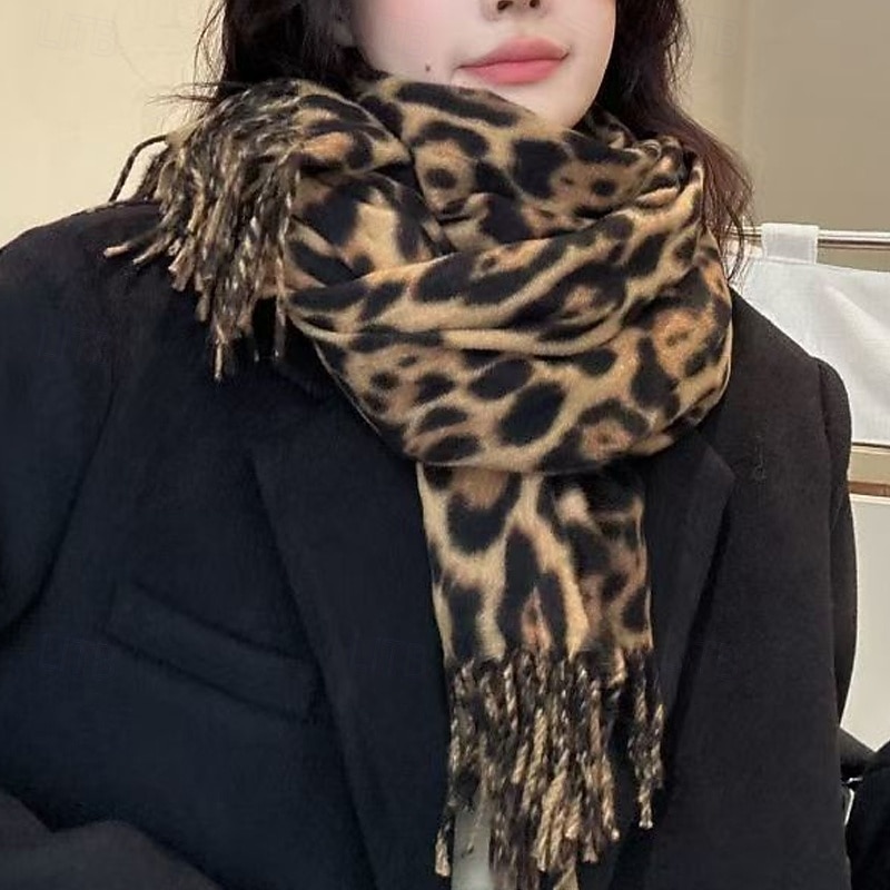 Women's Rectangle Scarf Street Daily Date Grey Beige Scarf Leopard4