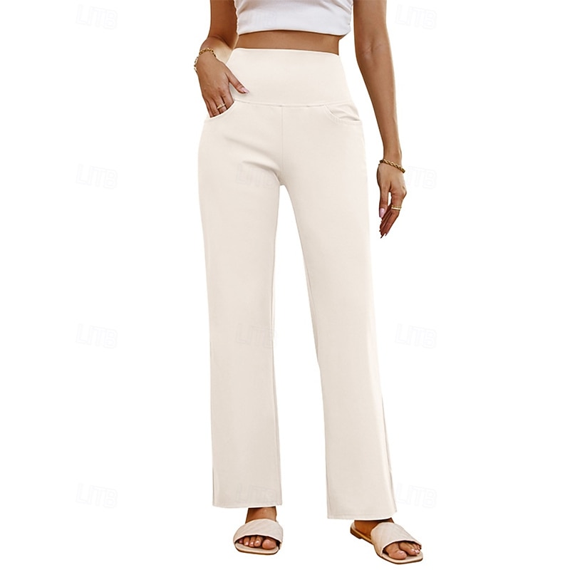 Women's Slacks Straight Streetwear Casual Full Length Natural Plain Pocket Elastic Waist Comfy Street Holiday Daily Wear Dark-Gray Apricot Black off-white Fall Regular Fit4