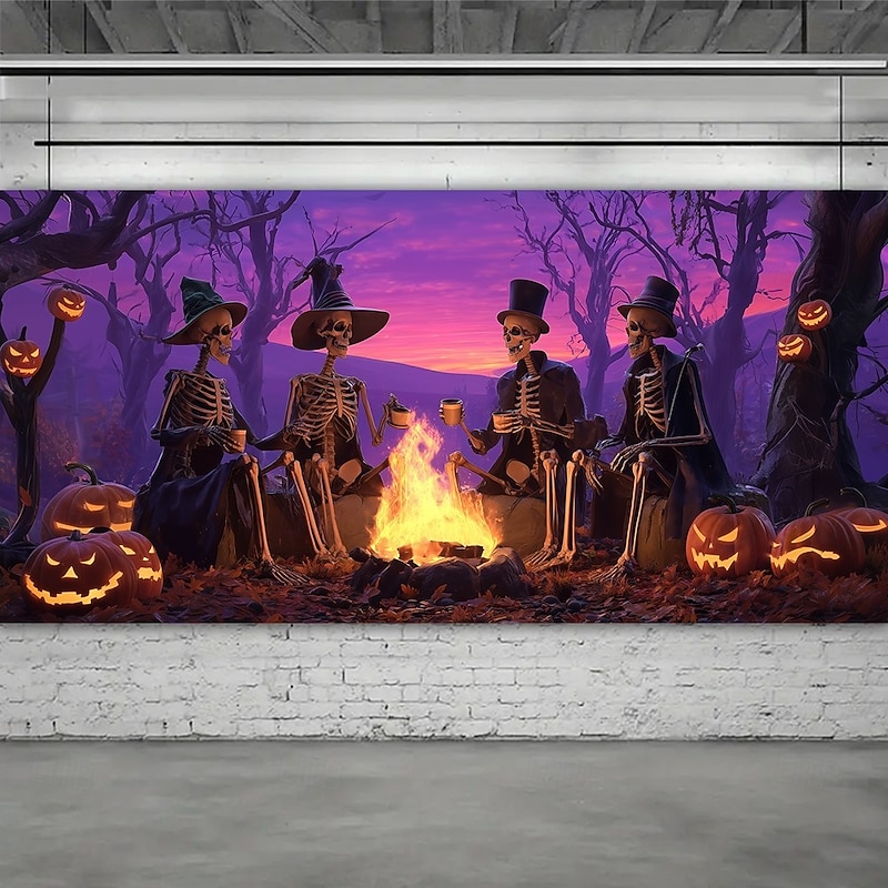 Halloween Garage Door Cover Neon Skeletons Witches Gathering Around Fire Banner, Glowing Blacklight Backdrop Decoration for Holiday Outdoor Garage Door and Home Wall, 2025 Halloween Decorations2