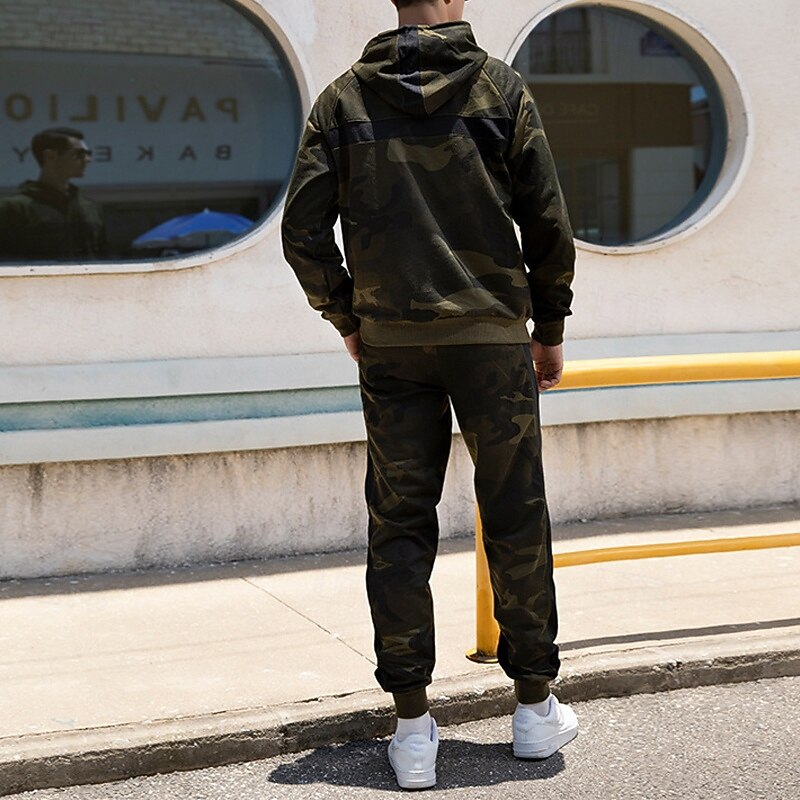 Men's Hoodie Tracksuit Sweatsuit Army Green Khaki Hooded Camouflage 2 Piece Sports & Outdoor Daily Holiday Polyester Streetwear Basic Casual Spring Fall Clothing Apparel Hoodies Sweatshirts4