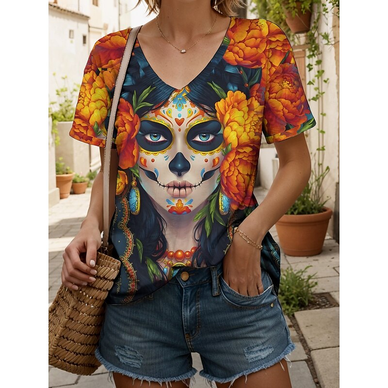 Halloween Women's T Shirt Skulls Floral Graphic Vintage Stylish Classic Short Sleeve V Neck Regular Tops Daily Print Black Orange Gray Summer Spring4