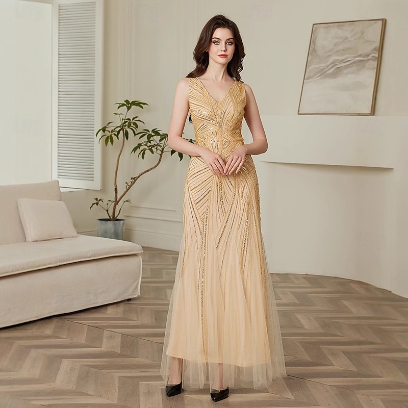 Retro Vintage Roaring 20s 1920s Ankle Length Flapper Dress The Great Gatsby Flapper Girl Sequins V Neck Fancy Dress Women's Wedding Evening Party Masquerade Adults' Dress