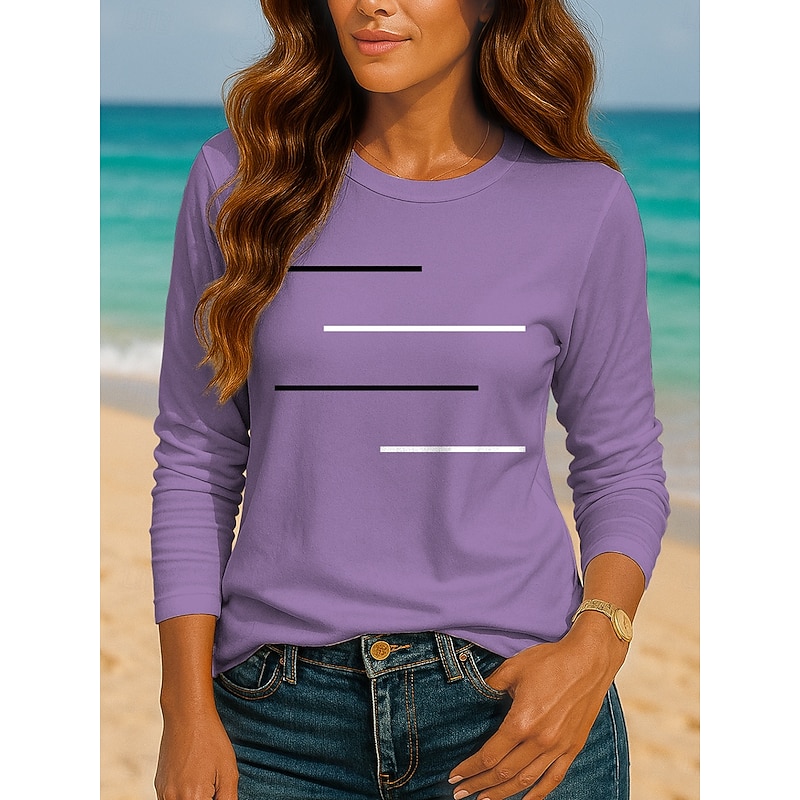 Women's T shirt Long Sleeve Crew Neck Long Sleeve Tunic Graphic Geometric Striped Vintage Stylish Round Neck Regular Tops Daily Print Pink Red Blue Purple Brown Fall Prefall4