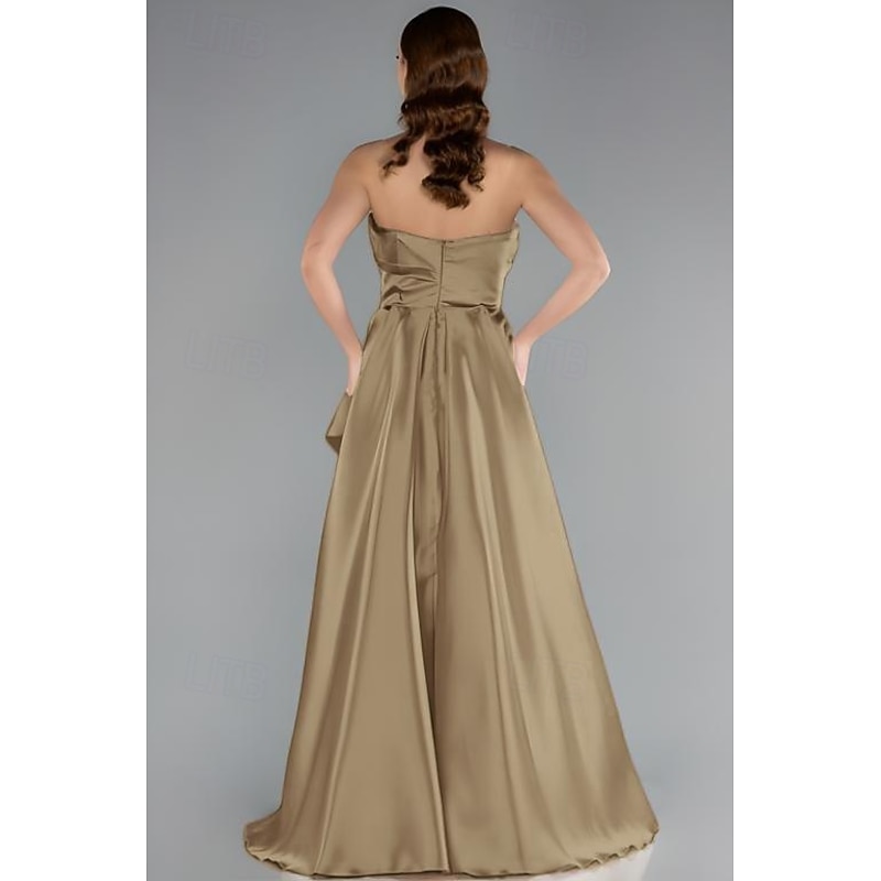 Gold A-Line Evening Gown Elegant Dress Formal Wedding Floor Length Sleeveless Sweetheart Satin with Pleats Slit3