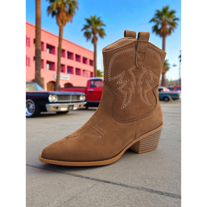 Women's Brown Suede Western Cowboy Boots - Comfortable Walking Mid-Calf Pointed Toe Block Heel Boots for Ladies, Bohemian Style, Ideal for Music Festivals, Rodeos, and Fall Outfits2