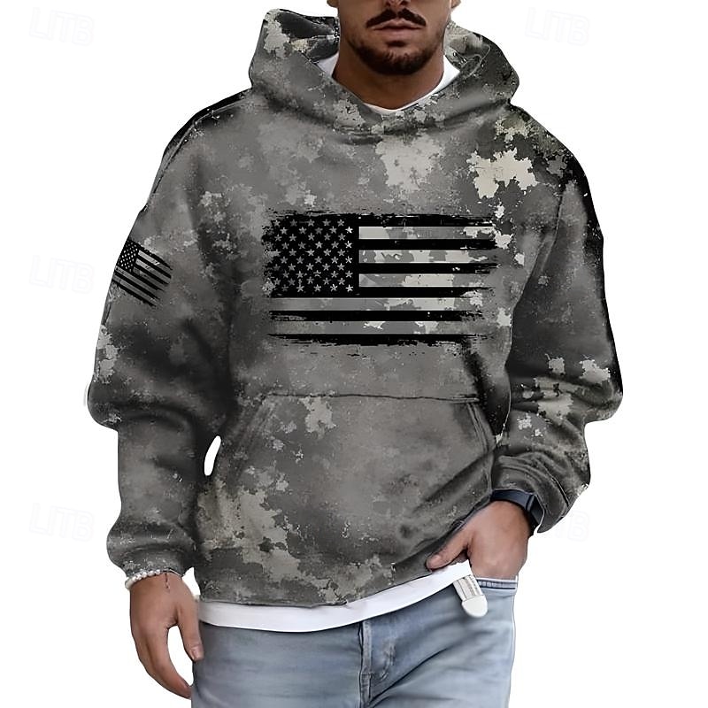 Men's Hoodie Green Khaki Light Green Gray Hooded Camo / Camouflage American Flag Front Pocket Daily Holiday Going out Polyester Streetwear Casual Fall Winter Clothing Apparel Hoodies Sweatshirts3