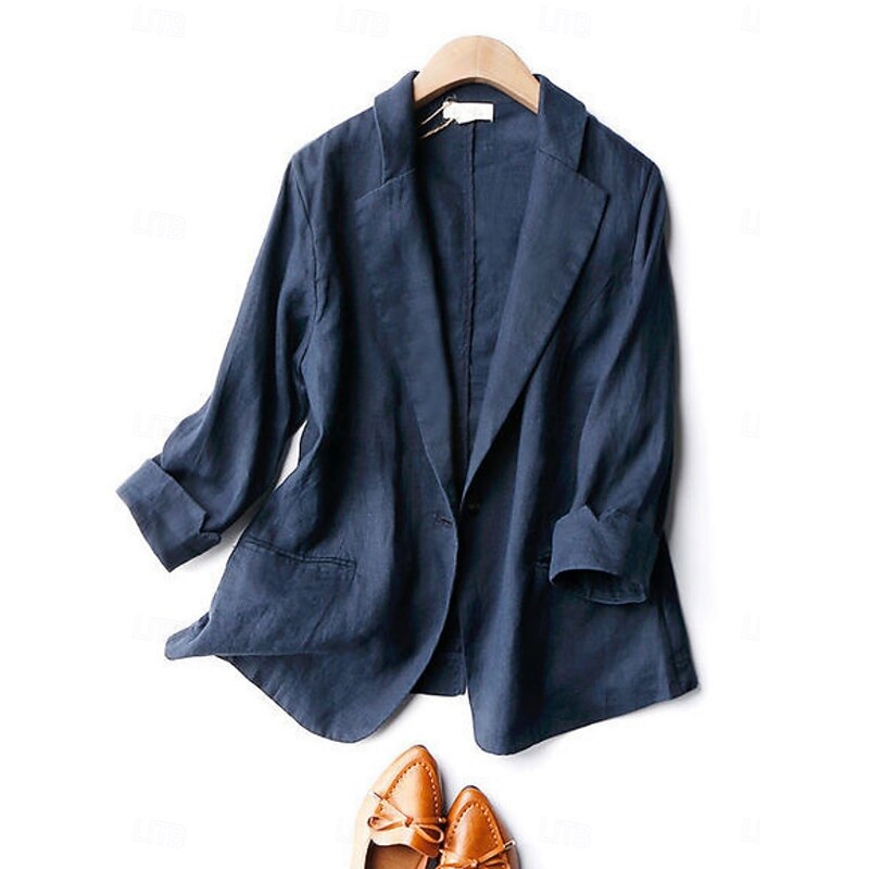 Women's Blazer Comfortable Breathable Pocket Casual Plain Office Street Casual Daily Wear Single Breasted Regular Turndown Regular Fit Long Sleeve Outerwear Blue Beige Gray Summer Spring4