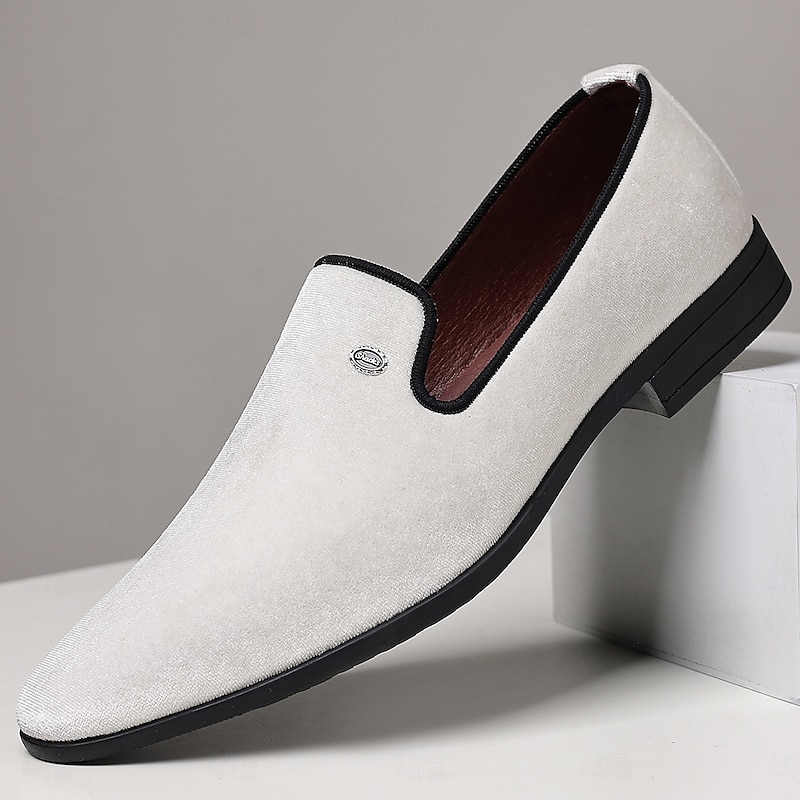Men's White Velvet Slip-on Loafers – Minimalist Soft Upper Dress Shoes for Evening Receptions, Summer Parties and Wedding Groomsmen