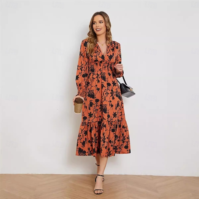 Women's Midi Dress Sheath Dress A Line Dress Vacation Party Birthday Party Office Birthday Regular Fit Floral Graphic Long Sleeve V Neck color Summer Spring Fall