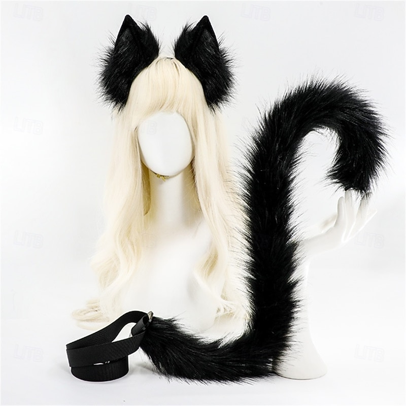 Furry Cat Tail and Animal Ear Headband Set – Fox Tail & Cat Ears for Halloween Cosplay, Anime Costume, Party, and Stage Performance
