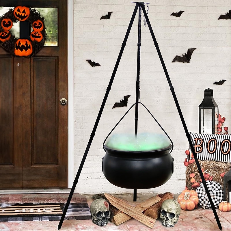 Witches Cauldron - Large Black Plastic Bowl on Tripod with Lights, Outdoor Halloween Decor Witch Pot Candy Bucket for Yard, Garden