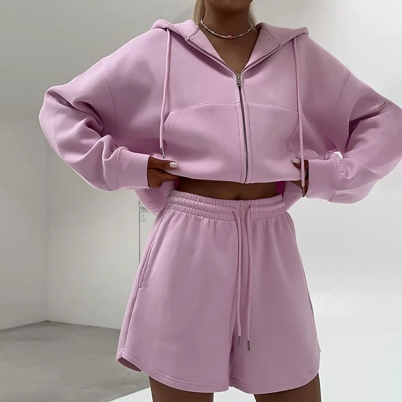 Women's Tracksuit Zip Up Hoodie Track Shorts Drawstring Pocket Solid Colored Clothing Suit Spring Black White Gym Training Running High Waist Windproof Lightweight Moisture Wicking Long Sleeve Sport2