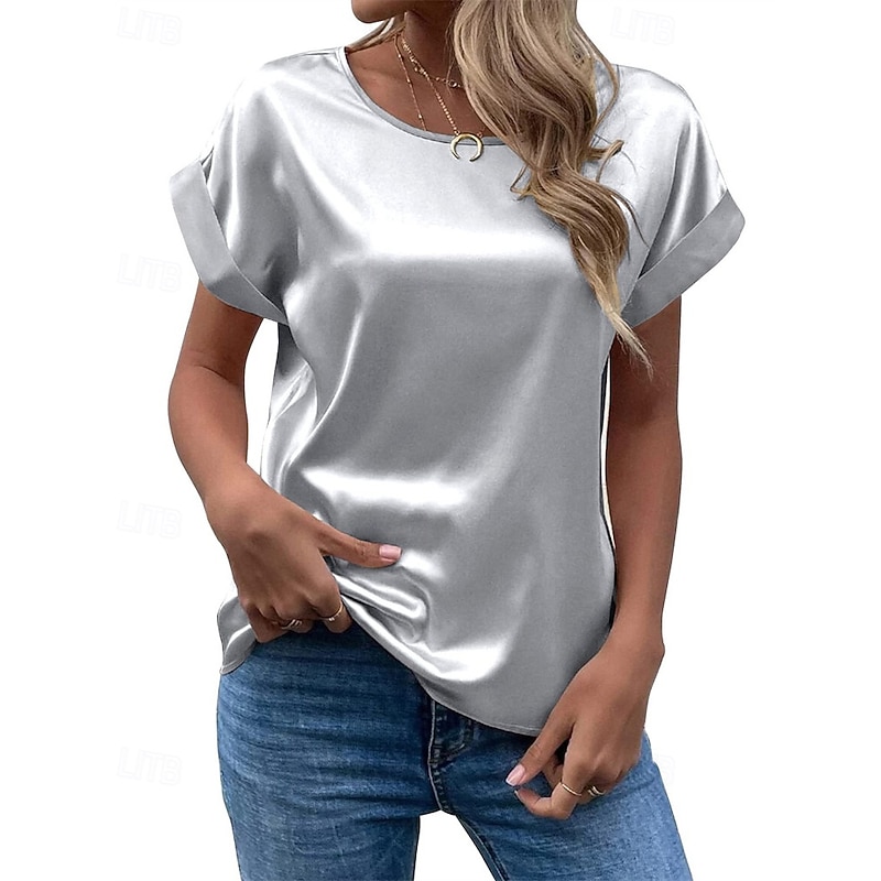 Women's T Shirt Tee Top Satin Plain Fashion Modern Short Sleeve Crew Neck Regular Tops Daily Going out Weekend Light Green Dark Green Purple Light Grey Summer