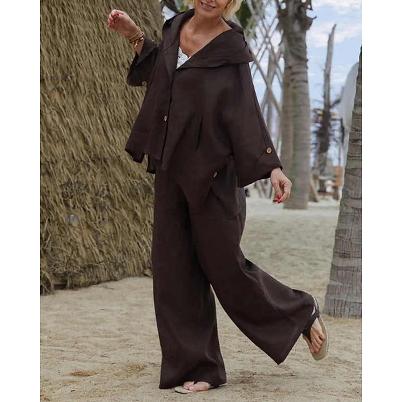 Women's Fashion Streetwear Blouse Pants Sets Bolero Top Long Sleeve Hooded Solid Color Vacation Casual Daily White Pink Brown Spring Regular Fit2