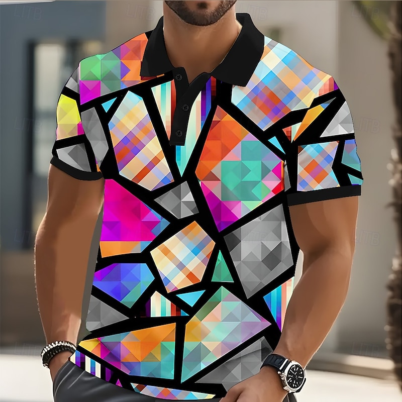 Men's Geometric Pattern Polo Short Sleeve Polo Shirts Collared Shirts Casual Athleisure Outdoor clothing Daily Wear 3D Print Buttons Summer Yellow Blue Green