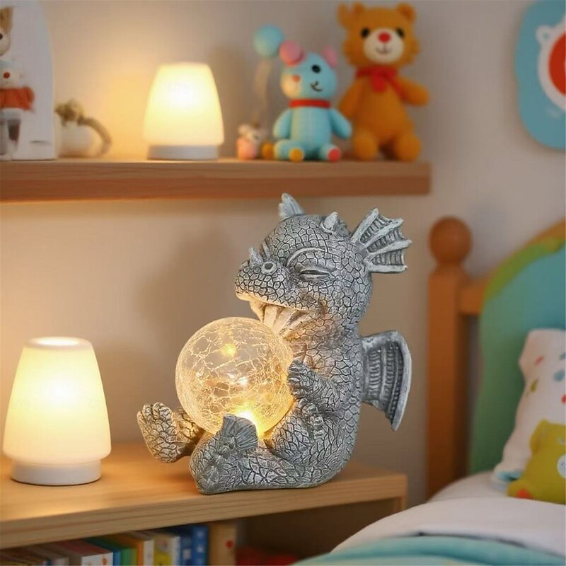 Creative Dragon Garden Statue Lamp Cute Resin Dragon Baby Holding Magic Orb With Solar LED Light For Outdoor Garden Ornament 1pc3