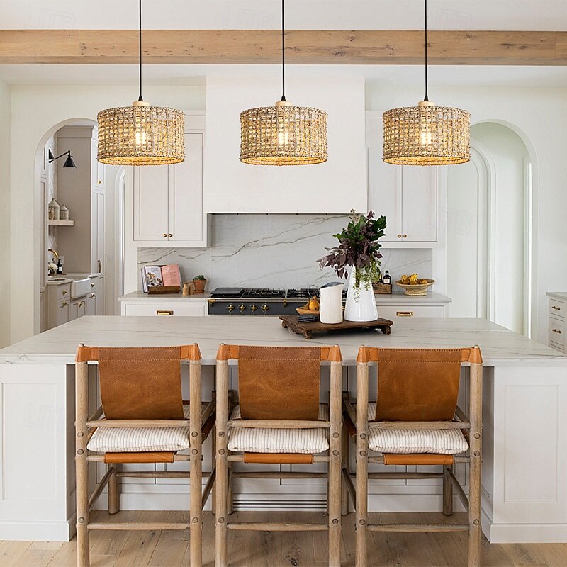 Country Artistic Pendant Light, Rattan Wood Material, 16cm Height, Warm White/White Light, E26 E27, Adjustable Chain3