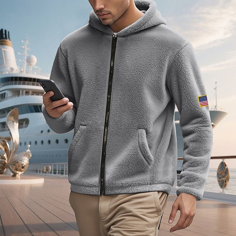 Men's Hoodie Full Zip Hoodie Polar Fleece Fleece Jacket Fleece Hoodie Black Navy Blue Khaki Gray Hooded National Flag Pocket Sports & Outdoor Daily Holiday Polyester Streetwear Basic Casual Fall3