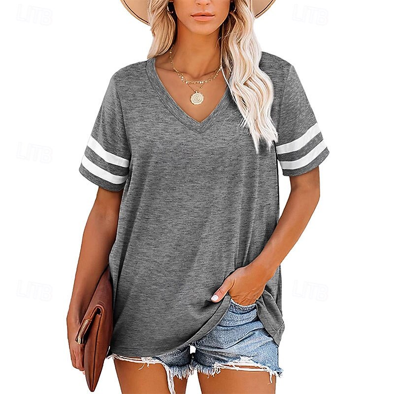 Women's Texture Blouse T Shirt Color Block Fashion Modern Short Sleeve V Neck Regular Tops Daily Pink Green Gray Summer4