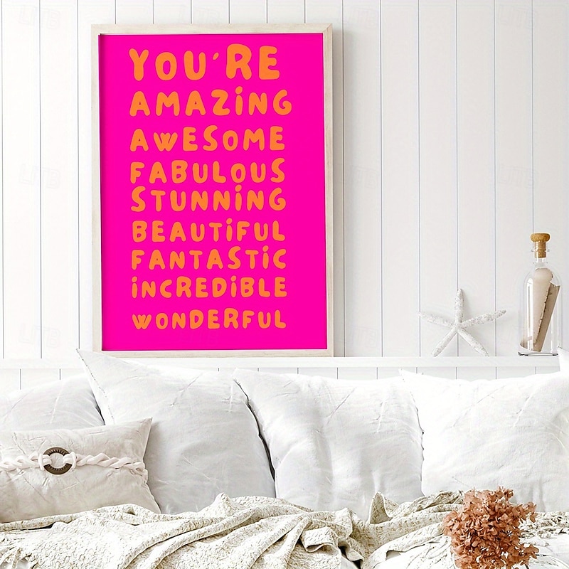 Inspirational Quote Art Posters - Frameless Typography Prints in Art Deco & Modern Style Minimalist Pink and Orange You're Amazing Letter Canvas Wall Art Perfect for Classroom Home Office