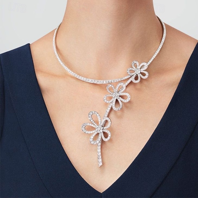 Choker Necklace Zircon Rhinestones Women's Elegant Vintage Floral Flower Shape Cute Wedding Y Shaped Necklace For Wedding Party Gift