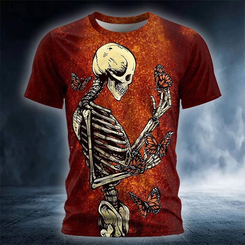 David Lozeau Men's Skull Butterfly T Shirt Short Sleeve T shirt 3D Print Crew Neck Shirt Gothic Horror Party Street Casual Lake Blue Yellow Red Summer Spring All Seasons Clothing Apparel S M L XL