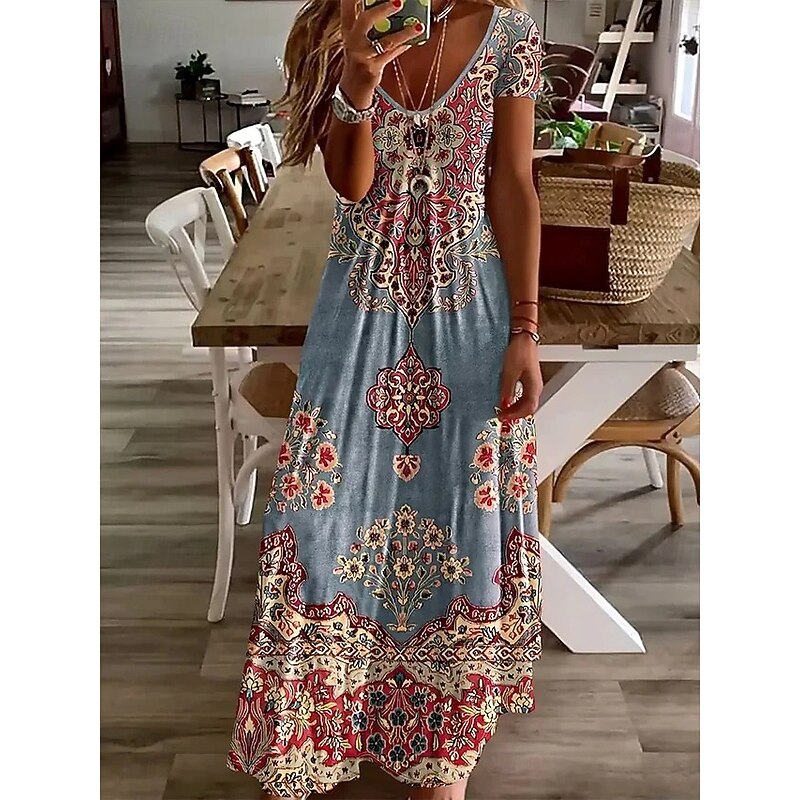 Women's Maxi Dress Casual Dress A Line Dress Summer Dress Elegant Vacation Vintage Regular Fit Floral Graphic Paisley Short Sleeve U Neck Light Green Dusty Blue Summer Spring Fall4