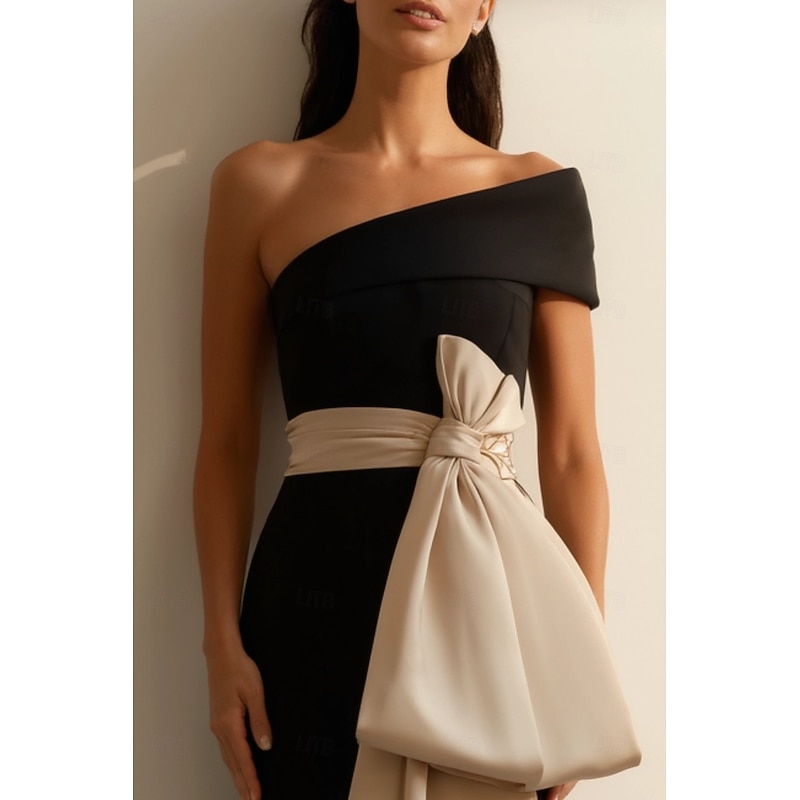 Black Tie Bow Mermaid  Evening Gown Elegant Dress Formal Wedding Guest Floor Length Sleeveless One Shoulder Stretch Crepe with Bow(s)2