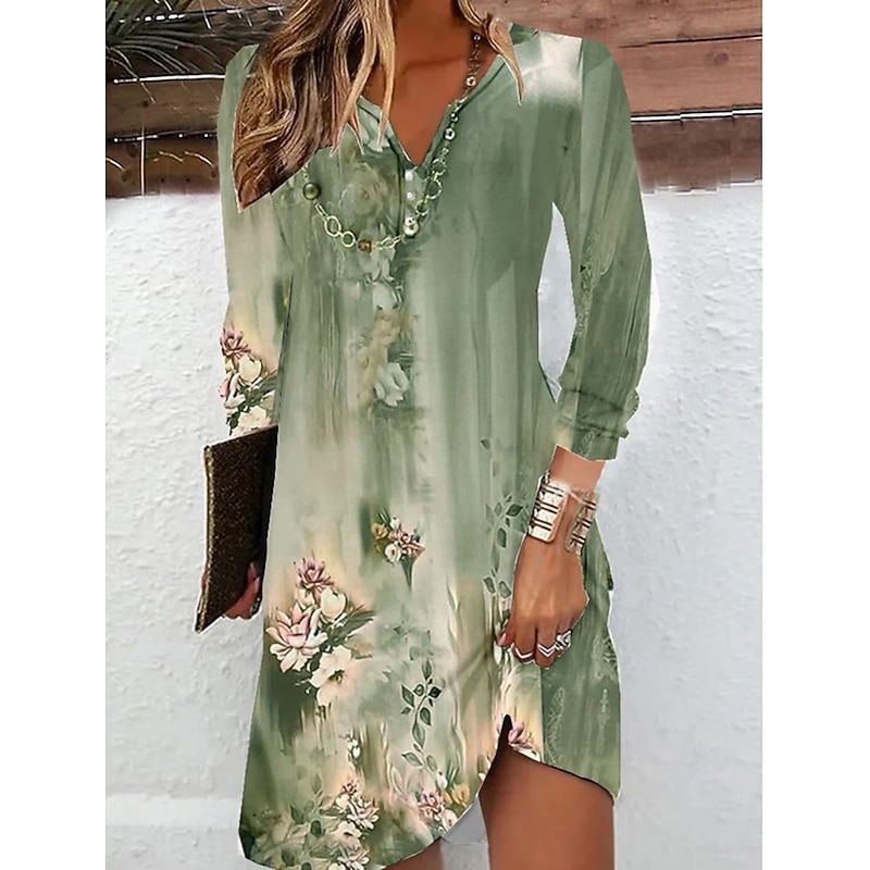 Women's Mini Dress Floral Dress Print Dress Fashion Modern Vacation Daily Going out Regular Fit Floral Long Sleeve V Neck Yellow Blue Purple Green Summer Spring