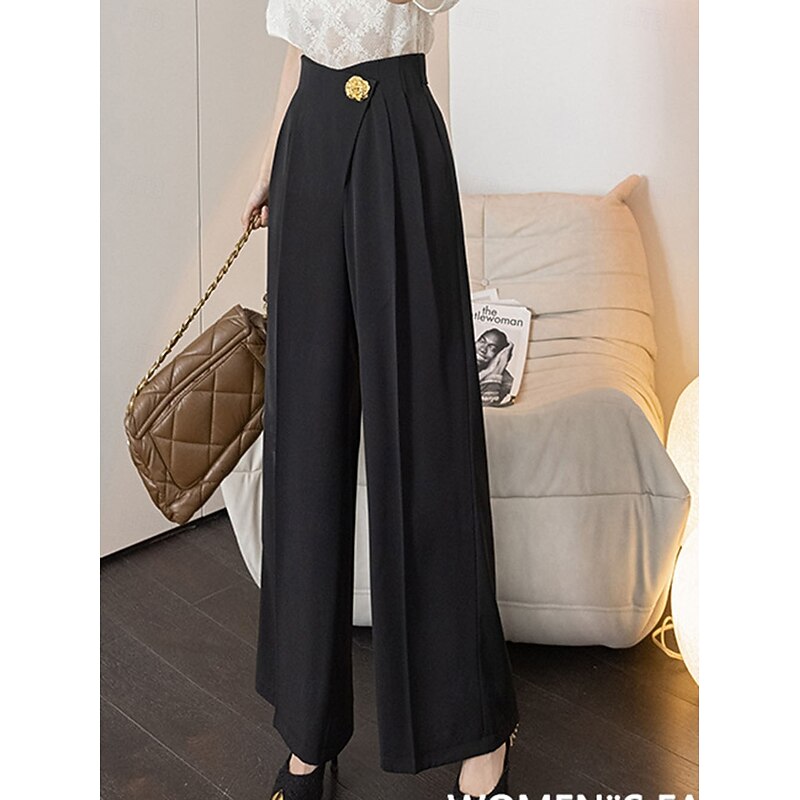 Women's Wide Leg Dress Pants Fashion Full Length Natural Plain Side Pockets Wide Leg Comfy Breathability Office / Career Business Black White Spring Fall Regular Fit2