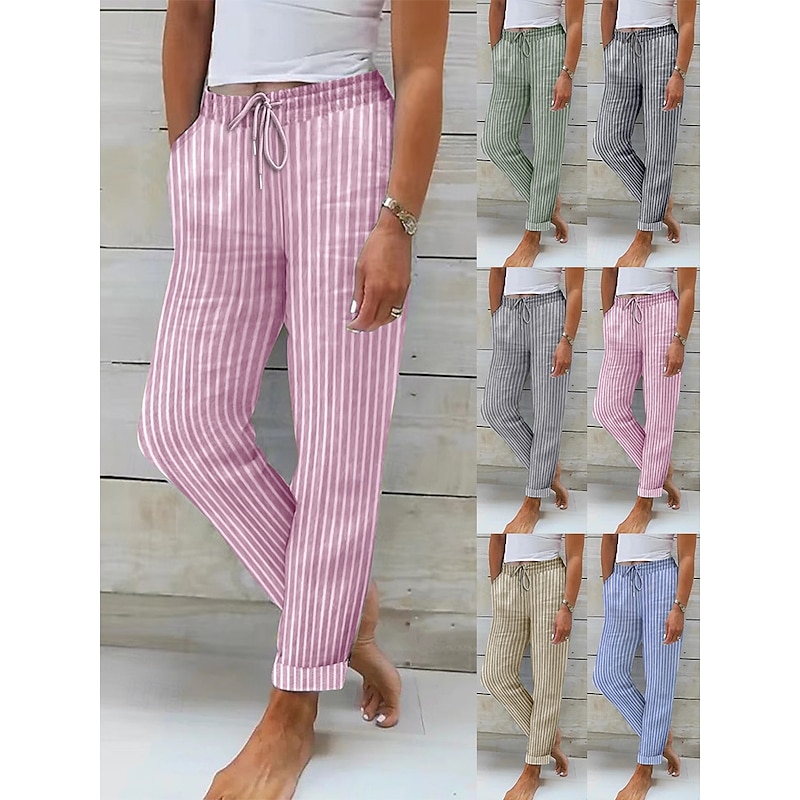 Women's Cotton Linen Pants Pants Trousers Streetwear Casual Long High Waist Stripe Pocket Printing Elastic Drawstring Design Breathability Soft Micro-elastic Vacation Street Daily Wear Black Pink