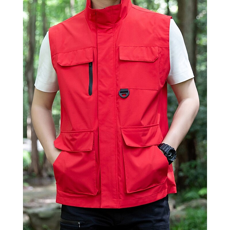 Men's Vest Gilet Outdoor Daily Fashion Casual Spring Fall Pocket Polyester Comfortable Plain Zipper Stand Collar Regular Fit Black Red Blue Khaki Vest3