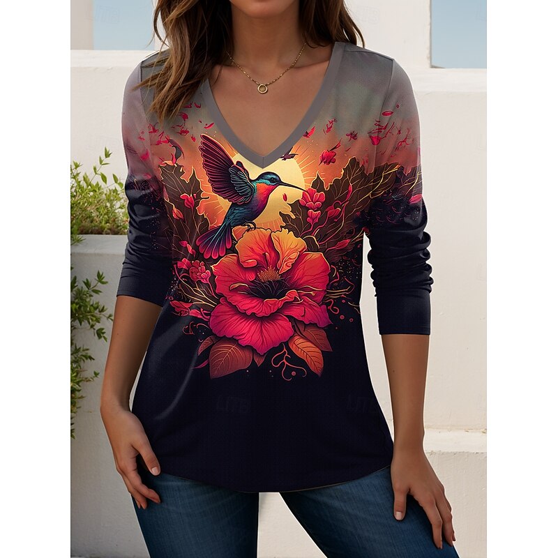 Halloween Women's T shirt Witch Long Sleeve V Neck Long Sleeve Tunic Graphic Letter Elegant Vintage Stylish Regular Tops Daily Going out Weekend Print Yellow Wine Orange Gray Spring Fall Prefall3