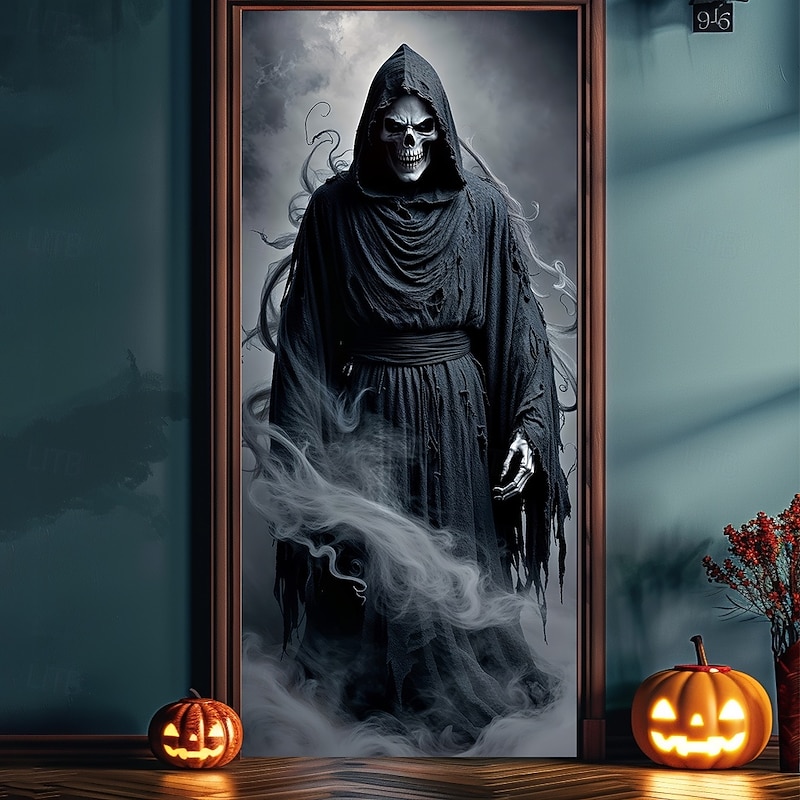 Halloween Door Covers Death God Door Tapestry Door Curtain Decoration Backdrop Door Banner for Front Door Farmhouse Holiday Party Indoor Outdoor Decor Supplies
