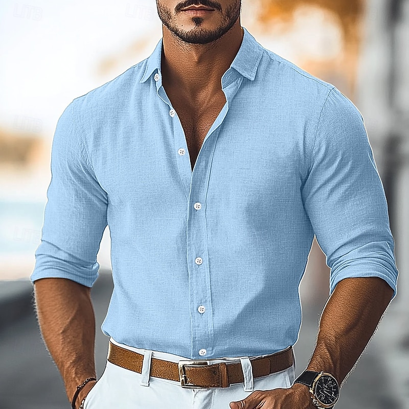 Men's Shirt Linen Shirt Summer Shirt Beach Shirt Button Up Shirt Plain Vacation Curise Black Pink Green Light Blue Long Sleeve Collar Spring & Summer All Seasons Clothing Apparel4