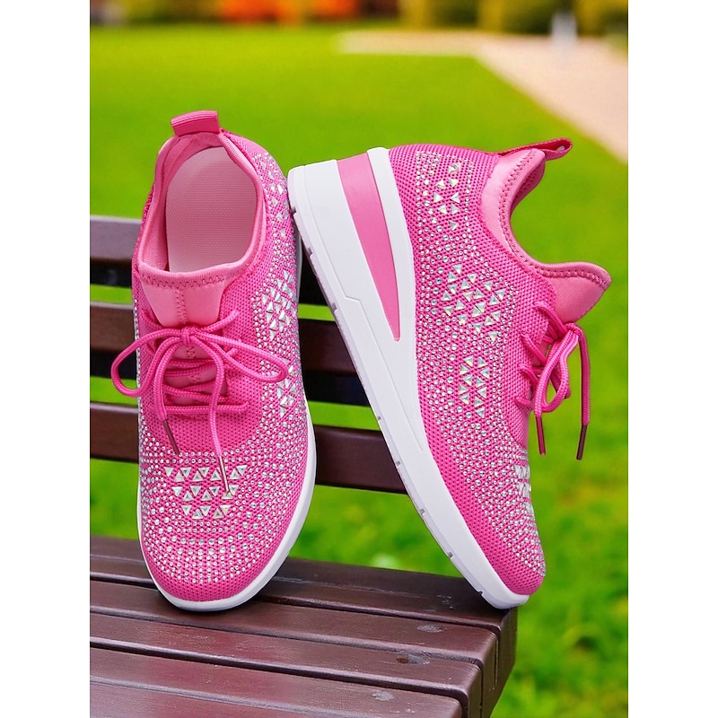 Women's Rose Pink Flyknit Wedge Sneakers with Rhinestone Detailing – Lightweight Breathable Athletic Shoes for Casual Wear and Walking4
