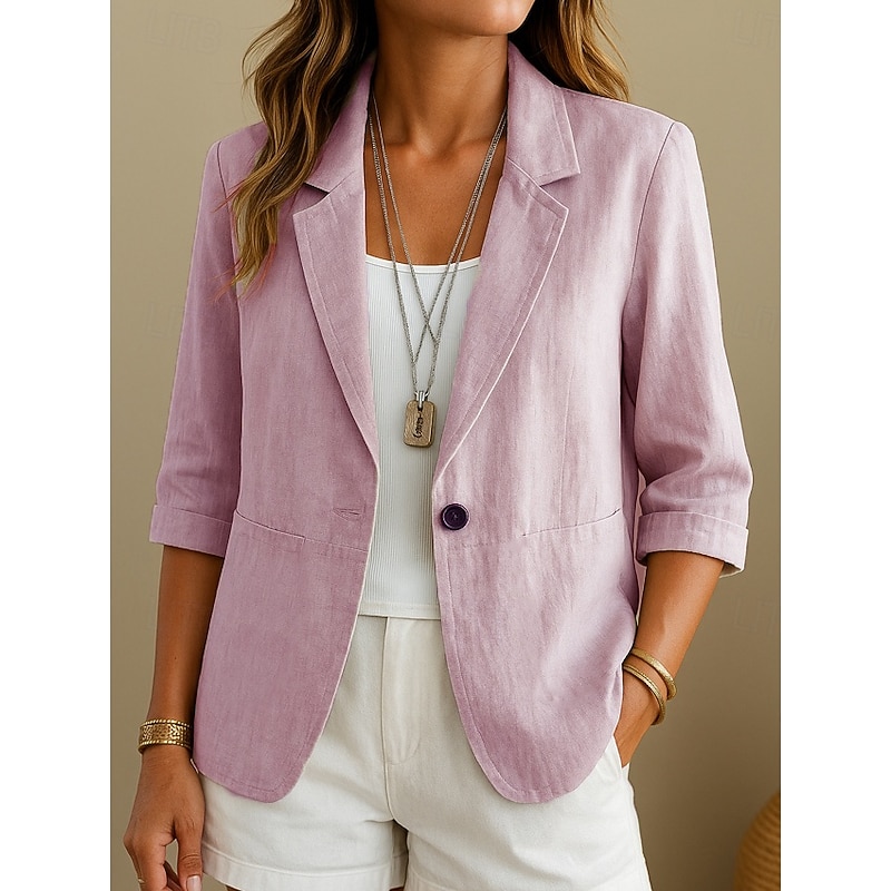 Women's Cotton Linen Blazer Comfortable Breathable Pocket Casual Plain Office Street Casual Daily Wear Single Breasted Turndown Regular Fit Long Sleeve Outerwear Yellow Pink Apricot Summer Spring3