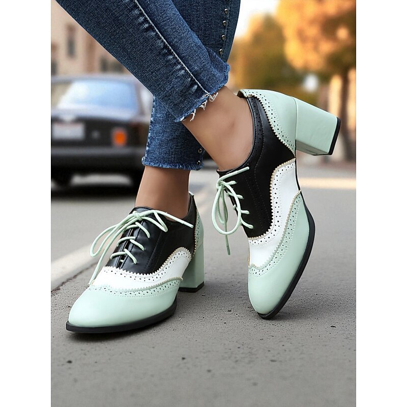 Women's Two-Tone Oxford Block Heel Shoes – Retro Lace-Up Brogues in Mint Green and Metallic for 1950s-Inspired Street Style, Daily Outfits, and Casual Events