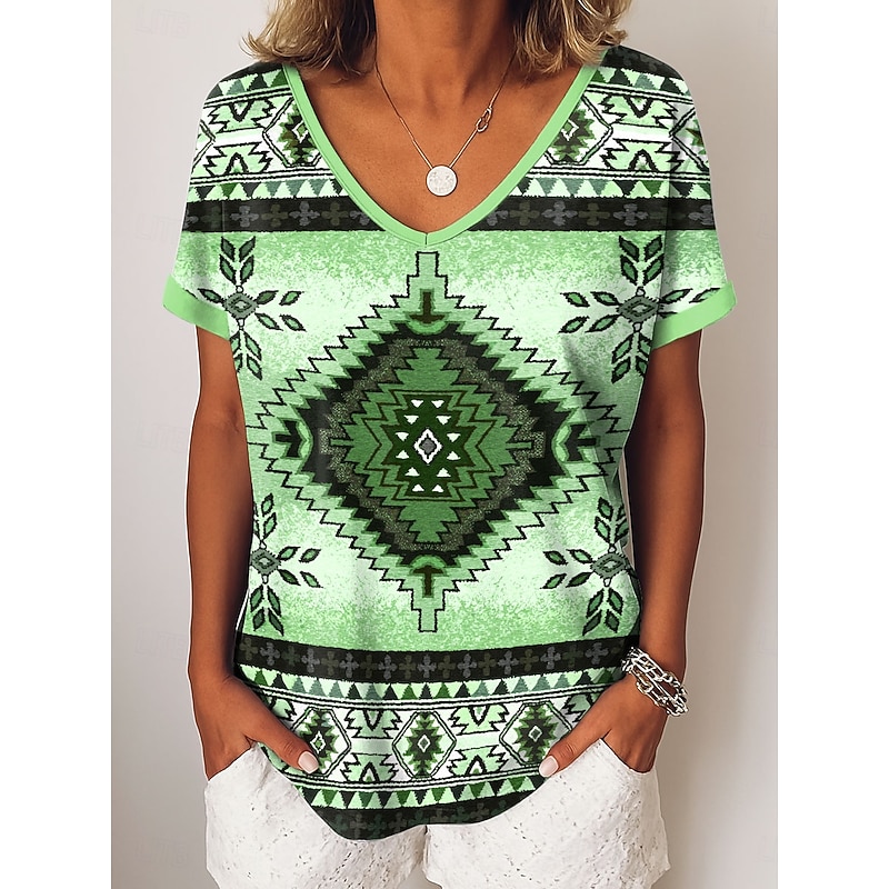 Women's T Shirt Graphic Tribal Vintage Casual Short Sleeve V Neck Regular Tops Daily Weekend Vacation Wear Print Blue Purple Green Khaki Summer Spring4