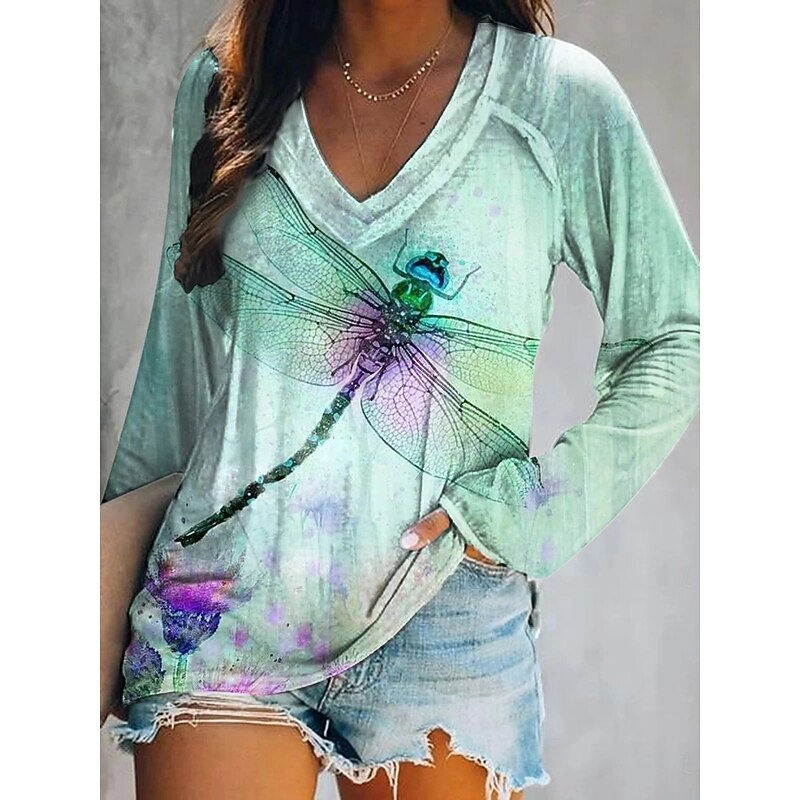 Women's T shirt Long Sleeve V Neck Long Sleeve Graphic Casual Geometry Vintage Stylish Classic Regular Tops Daily Weekend Print Light Green Pink Blue Orange Green Spring Fall Prefall2