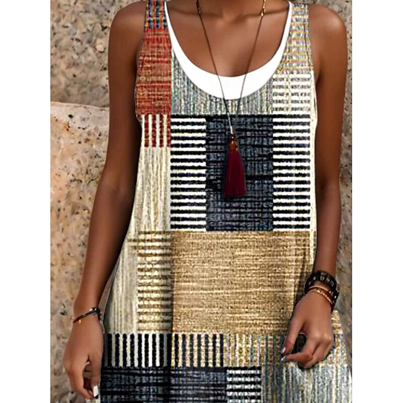 Women's Mini Dress T Shirt Dress Tee Dress Sundress A Line Dress Vacation Casual Boho Daily Loose Fit Graphic Geometric Plaid Sleeveless Crew Neck Khaki Summer Spring Fall2
