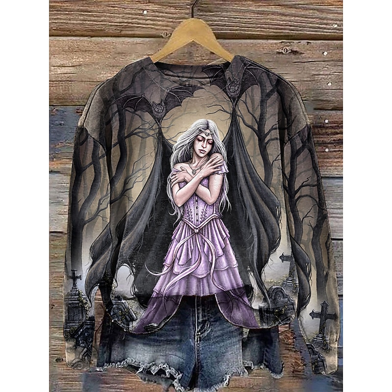 Witch By Sarsh Richter Women's Sweatshirts Graphic Casual Long Sleeve Crew Neck Regular Tops Street Dailywear Casual Print Khaki Fall Winter