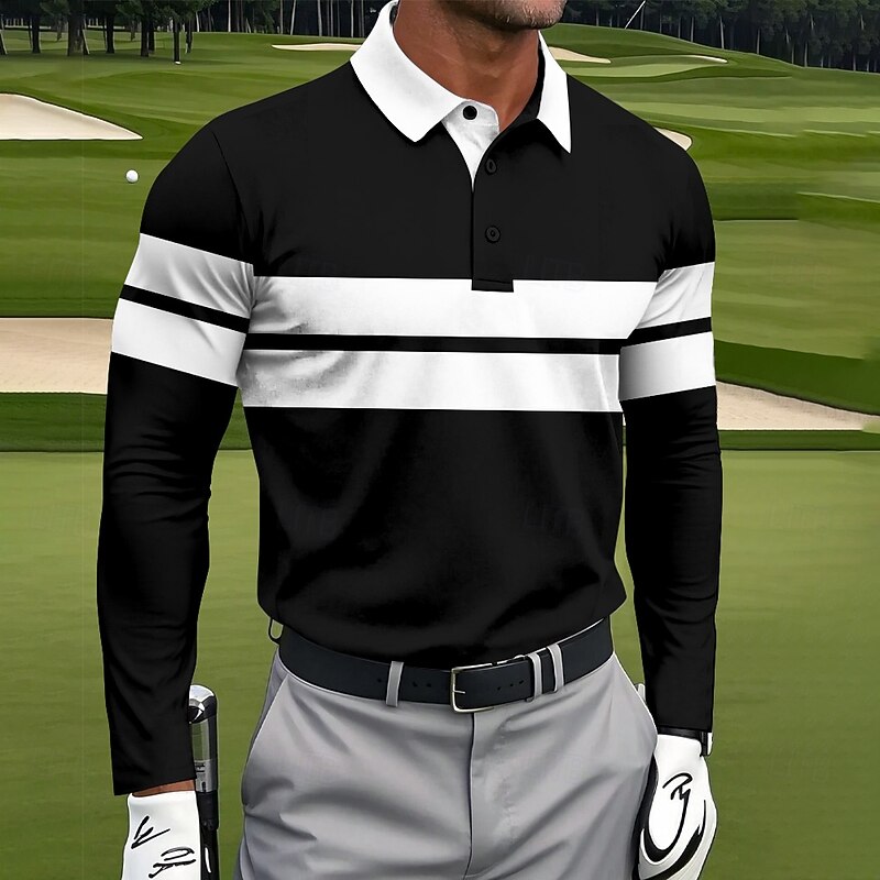 Men's Horizontal Stripes Polo Sports Polo Shirts Long Sleeve Polo Shirts Collared Shirts Sportswear Casual Athleisure Daily Wear 3D Print Spring Fall Winter Black Blue Green3