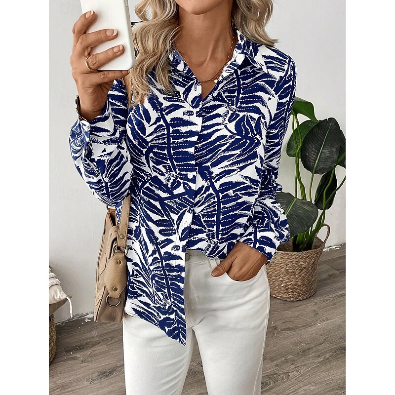 Women's Shirt Button Down Tunic Shirt Collar Long Sleeve Graphic Leaf Elegant Vintage Tropical Bishop Sleeve Regular Tops Daily Holiday Print Blue Spring