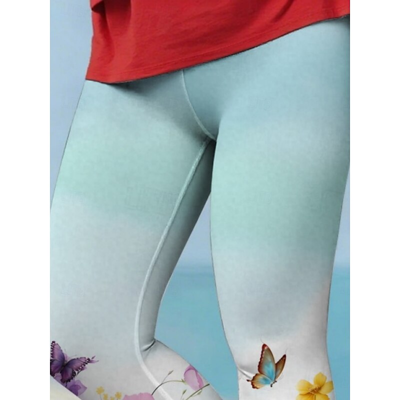 Women's Pants Trousers Leggings Cozy Leggings Streetwear Casual Full Length High Waist Butterfly Elastic Waist Print Breathability Comfortable Stretchy Vacation Street Daily Wear Blue Summer Spring3