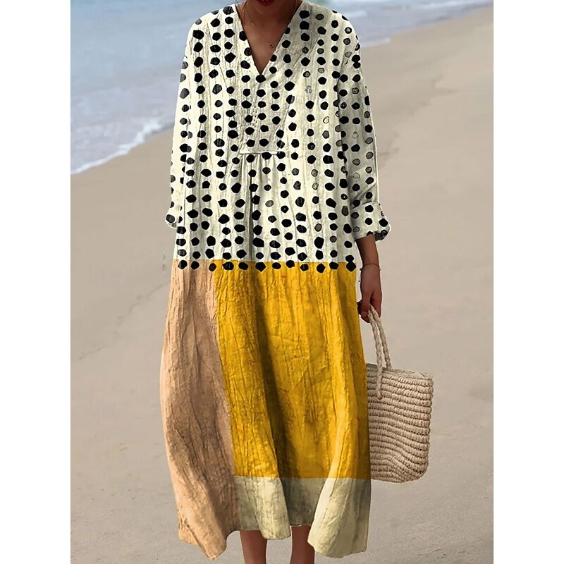 Women's Midi Dress V Neck Long Sleeve Kaftan Lightweight Loose Fit Casual Dress A Line Dress Casual Boho Party Loose Fit Graphic Geometric Long Sleeve V Neck Black Yellow Pink Red Fall4