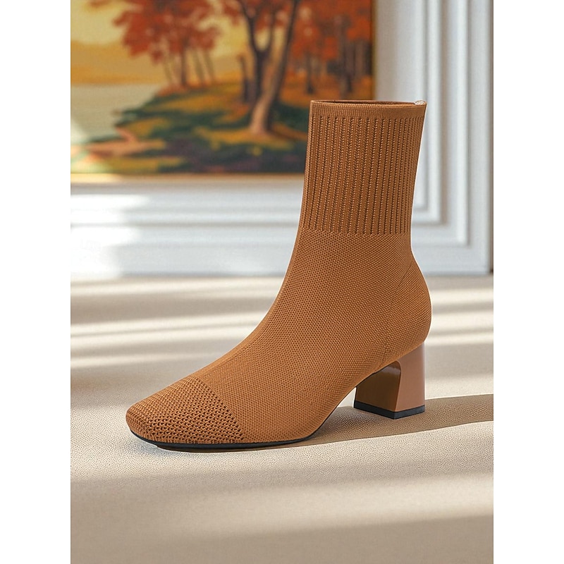 Women's Navy Knit Sock Boots – Pointed Toe Stretch Ankle Boots with Block Heels for Elegant Daily Wear & Fall Outfits